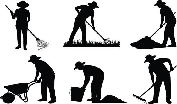 Farmer and Gardener Silhouette Vector Set with Agricultural Tools