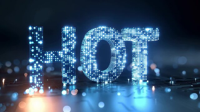 Blue digital logo representing IOT technology with illuminated letters forming an artistic display of innovation in a dark environment