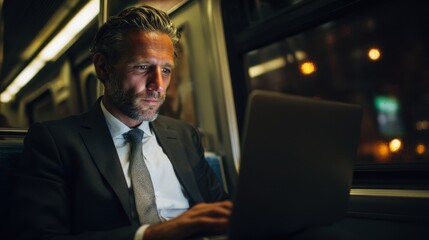Fototapeta premium Man in a suit is using a laptop on a train. He is focused on the screen and he is working. Concept of productivity and concentration
