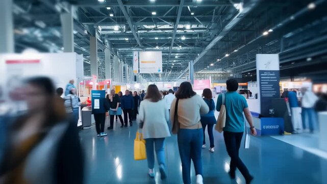 Visitors explore a large exhibition space filled with booths and crowds during a lively trade show event