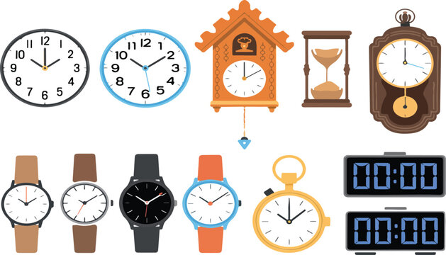 Clock and Watch Vector Set &ndash; Wall Clocks, Wristwatches, and Hourglasses