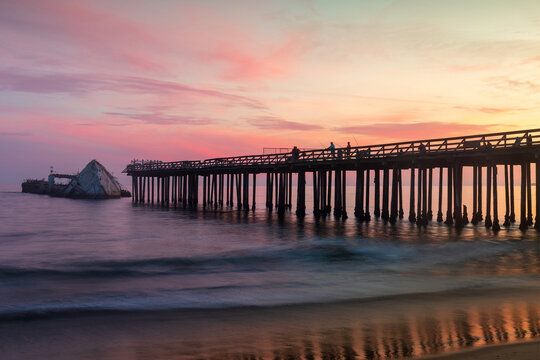 Vibrant Sunset over Seacliff Pier and SS Palo Alto Shipwreck. Seacliff State Beach, Aptos, Santa Cruz County, California.