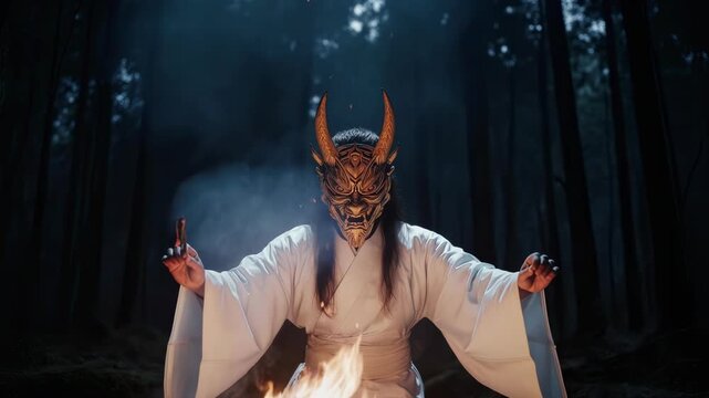 鬼面の舞と揺れる炎・神秘と静寂の和風動画