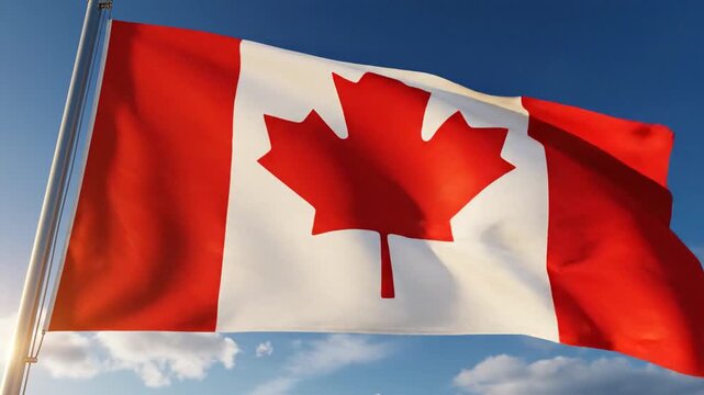 Canadian Flag in the Wind: A vibrant Canadian flag waves proudly against a clear, blue sky, its iconic maple leaf emblem symbolizing national identity and heritage. 