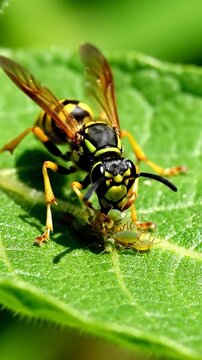 A yellow and black striped insect preys on small green aphids on a vibrant leaf