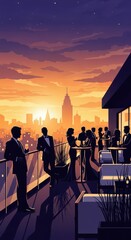 Naklejka premium Elegant group of people socialize on a high-rise terrace overlooking a sprawling metropolis at sunset