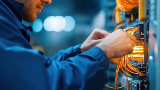 Technician in Blue Uniform Works on Network Server with Orange Cables in Data Center Precision and Technology in Server Room Connection Focus