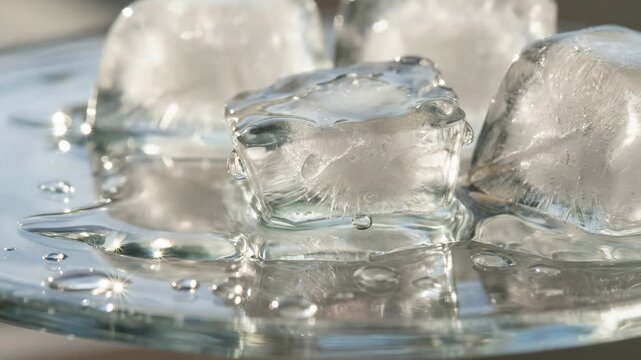 Ice Cube Melting Water Droplet Transparent Closeup on Glass Plate Cold Refreshing Macro Clear Shiny Glass Surface Summer Refreshment