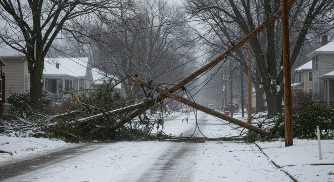 Fallen power pole and tree limbs blocking snowy road in residential area