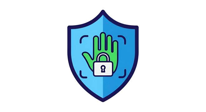 Shield icon with a hand, fingerprint outline, and a lock