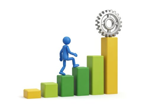 Stylized figure climbs colorful blocks toward a mechanical gear symbolizing achievement
