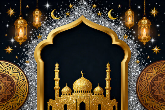 Golden mosque on black background with stars and crescent moon, festive background for Eid Mubarak, Muslim traditional holiday during Eid al-Fitr and Eid al-Adha, greeting card for festival in Islam