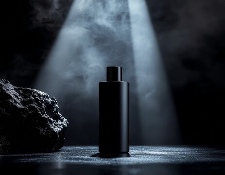 botol parfum hitam dengan background siluet cahaya