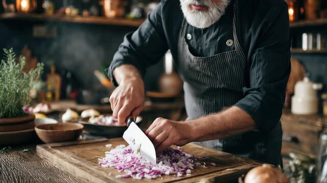 Cooking course led by a chef teaching a man how to chop onions in a rustic kitchen environment with fresh ingredients and cooking tools