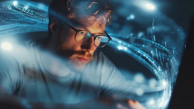 Focused programmer works on a laptop in a dark space surrounded by swirling digital data elements at night