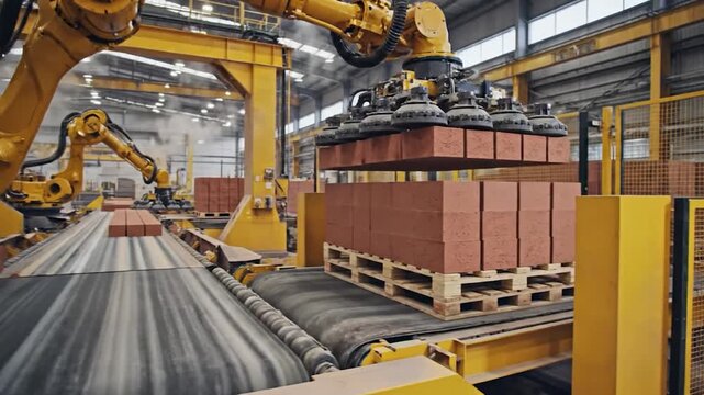 Robotic arms efficiently stack red bricks onto pallets in a modern factory