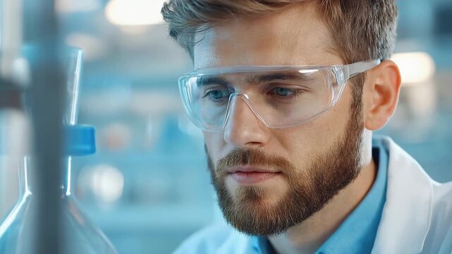 Scientist in Laboratory Setting Wears Safety Goggles and Gloves, Focused on Experiment and Research in Bright, Professional Environment Emphasizing Scientific Innovation and Surrounded by Glassware