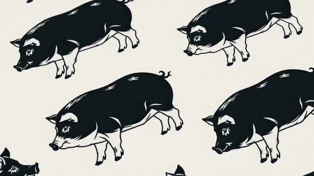 Repeated black and white silhouettes of pigs on a cream background, varying postures