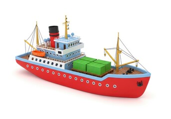 Fototapeta premium Stylized cartoon cargo vessel carrying freight containers floats on a white background
