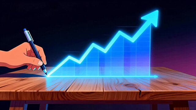 Hand drawing upward graph on wooden table