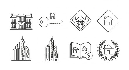 Collection of hand drawn real estate icons and symbols.