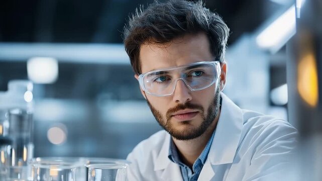 Scientist in Laboratory Focused on Experiment with Safety Goggles and Lab Coat, Surrounded by Glassware and Equipment, Highlighting Scientific Atmosphere and Innovative Research Environment
