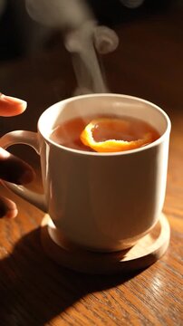 A person's hand gently holds a steaming mug of hot tea with orange peel on