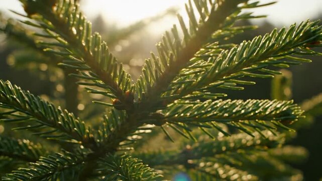 Close-up of coniferous tree branch with sunlight illuminating needles, detailed macro