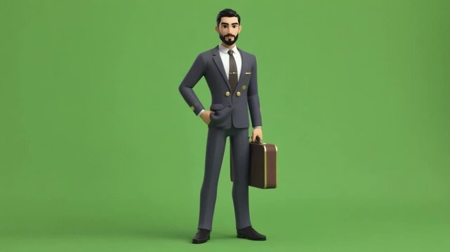 Confident businessman in modern gray suit holding briefcase