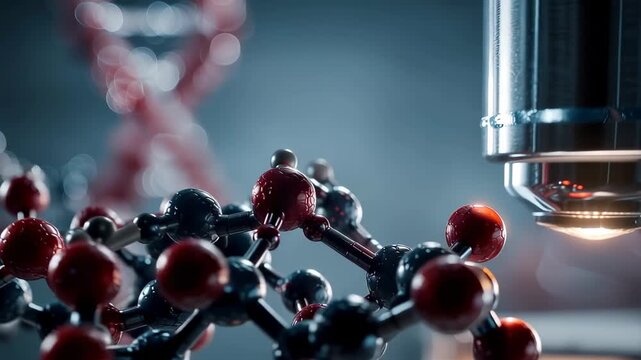 High powered microscope examines detailed molecular structure of DNA in a laboratory setting during scientific research