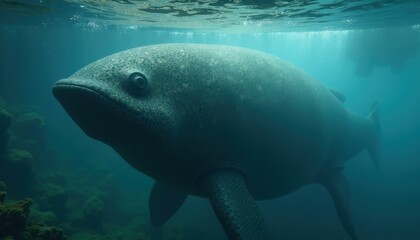 Fototapeta premium Ancient Leviathan Aquatic Creature Swimming Underwater In Clear Blue Ocean Waters