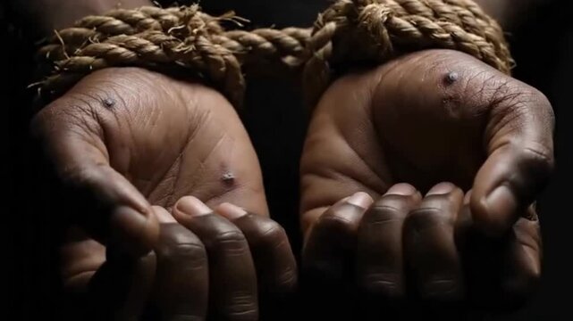 Powerful historically significant hands Black person bound tightly with rope symbolizing brutality slavery racism fight freedom Moving footage ideal educational content documentaries projects