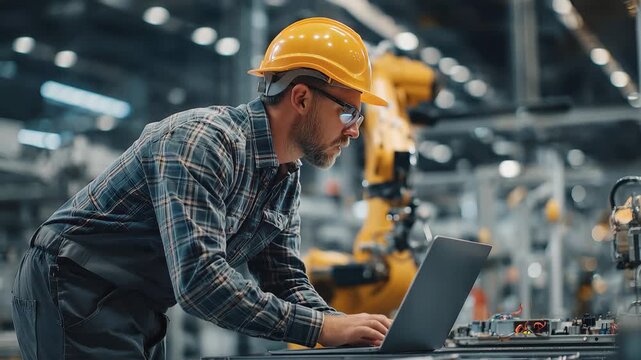 Factory automation engineer works diligently on laptop while overseeing robotic arm operations in modern industrial setting