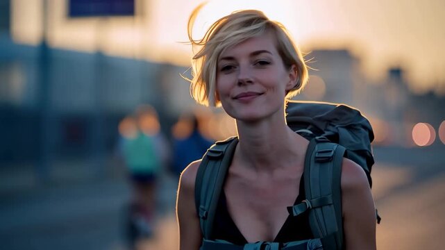Cheerful young short-haired woman enjoys a fitness journey while traveling at sunset, showcasing her adventurous spirit and vibrant energy