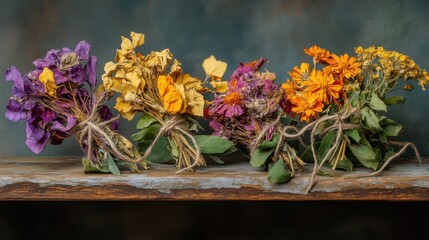 A beautiful collection of dried, brittle wildflowers, thoughtfully tied with rough twine, resting gracefully on a rustic wooden surface.
