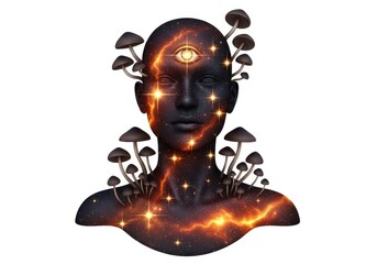 Mystical figure with celestial infusion and fungal growth emerges from darkness