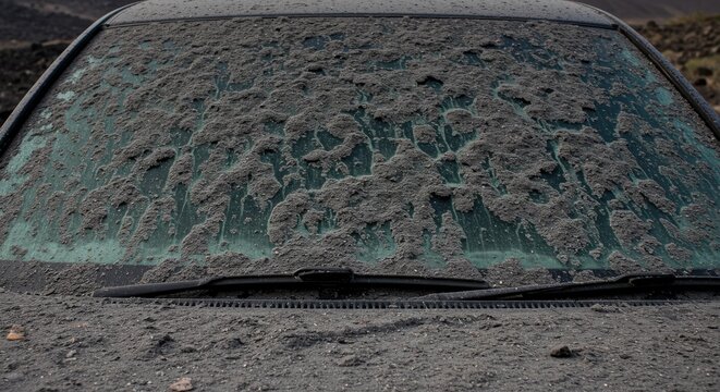 Car windshield covered in volcanic ash, detailing the aftermath of eruption