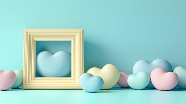 Cute pastel colored heart shaped balls and wooden picture frame on blue background for Valentine&rsquo;s Day concept, romantic and playful design
