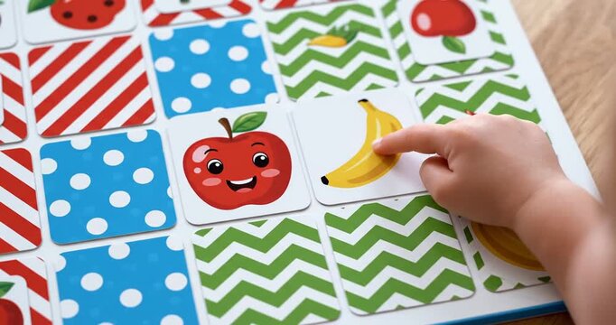 Child's hand pointing at a cheerful red apple card in a colorful memory game on a table