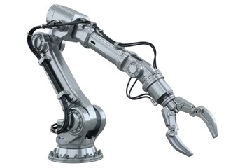 Industrial robotic manipulator arm with articulated joints and gripping tool is isolated on white background