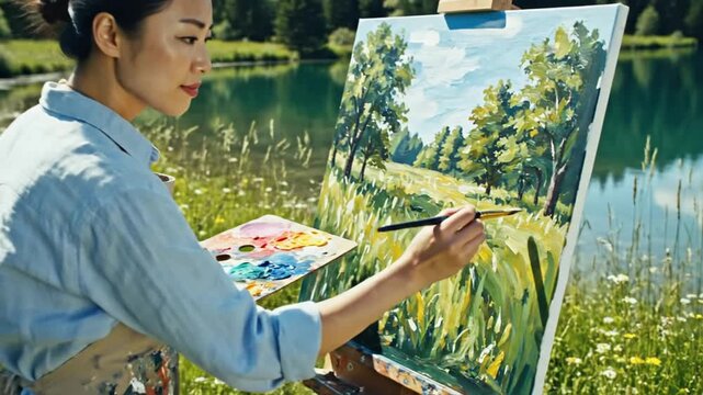 A woman paints a landscape outdoors near a lake. She uses an easel and palette