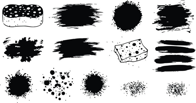 Vector hand drawn ink design elements. Sponge stamps, dry brush marks, splatter sprinkles, pastel pencil textures. Set of grunge black artistic brushstroke design elements isolated on white background