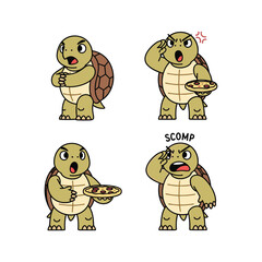 Obraz premium Tortoise eating pizza with different facial expressions in cartoon style