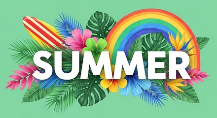 Obraz premium Vibrant summer graphic with rainbow and tropical leaves