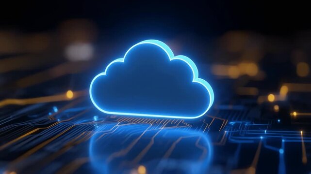 Glowing blue cloud icon on futuristic digital circuit board representing cloud computing technology concept