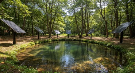 Fototapeta premium Solar panels surround tranquil pond in lush forest, renewable energy concept