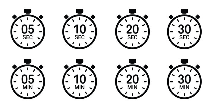 Timer stopwatch icons, countdown clock symbol with 5, 10, 20, 30 second and minute time, transparent PNG and vector illustration for top ranked time management visuals, workout trackers