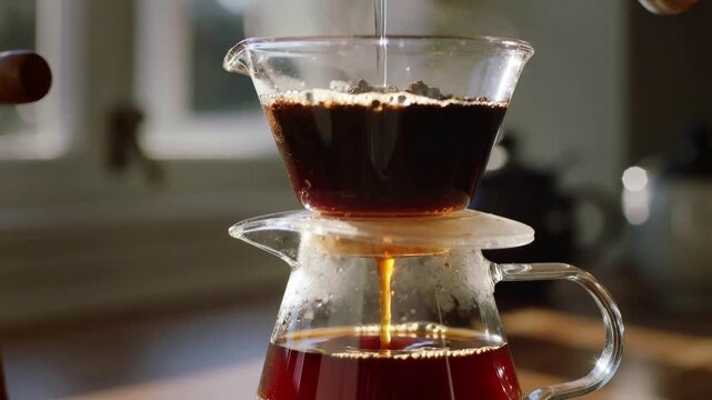 Close up hand pouring hot water into coffee dripper steam rising