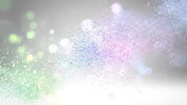 Vibrant colorful particles exploding and scattering across a light background