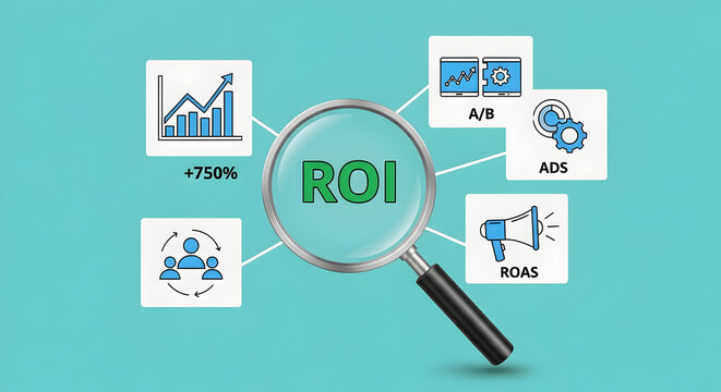 Magnifying glass examining green R O I with marketing and analytics